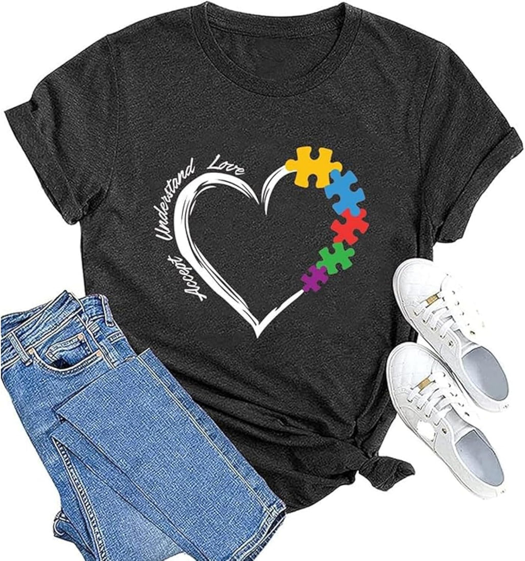 Autism Awareness Shirt Women Accept Understand Love T-Shirt I Wear Blue Tshirt Autism Support Causal Short Sleeve Tee Tops